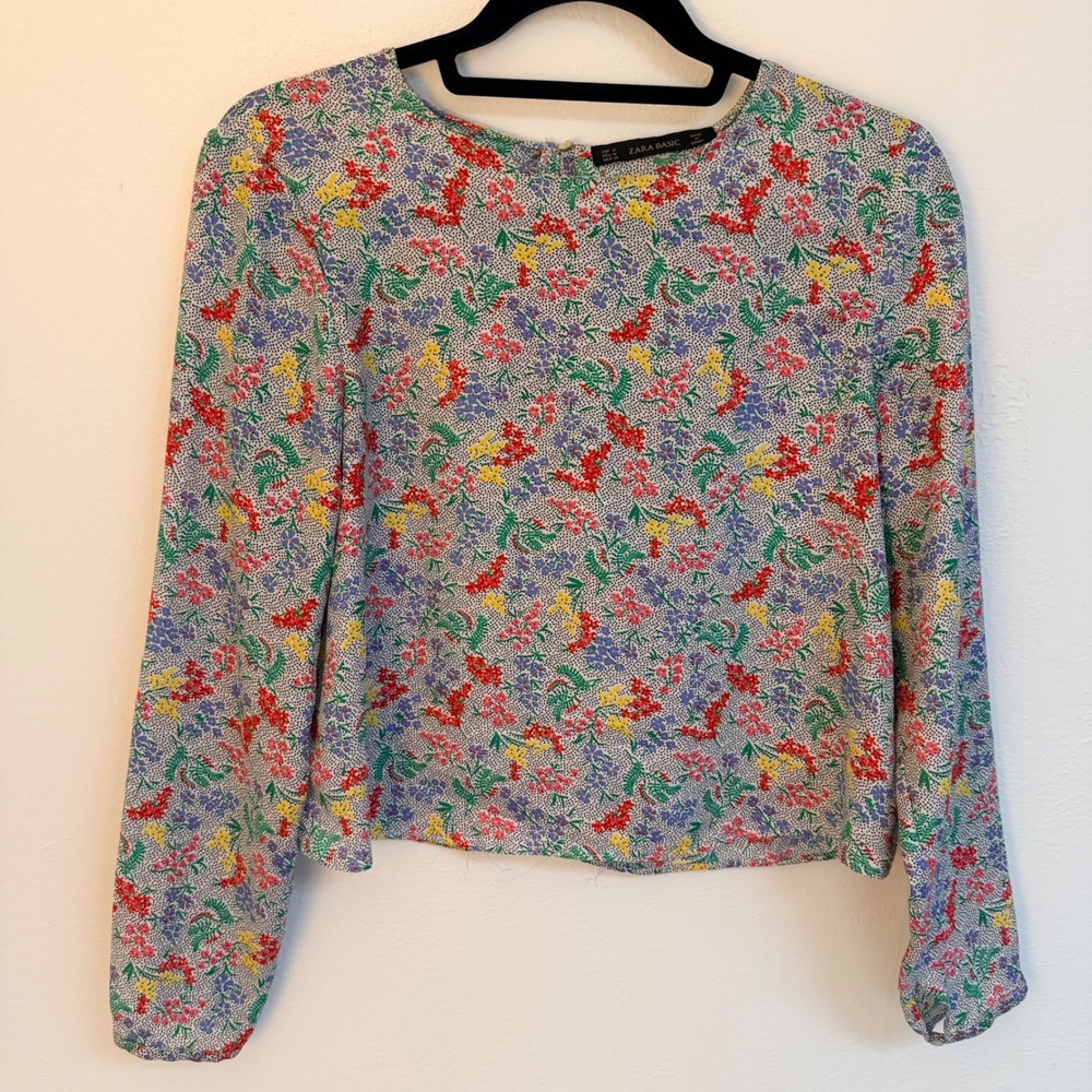 Zara Basic Women M Floral Long Sleeve Crop Ditsy Print Top Cottage Feminine Boho